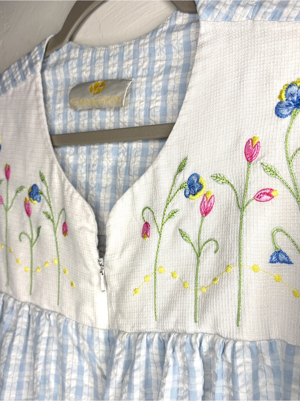 Housecoat Dress Blue Gingham Embroidered Yoke muumuu nightgown lounge vintage L - Picture 5 of 8